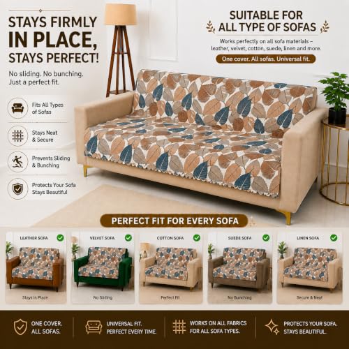 Image of Homerz Premium Printed Quilted Velvet Sofa Slip Cover Protector, Sofa Mat, Exact Size, Antislip Cover (Folia, 3 Seater, Full)