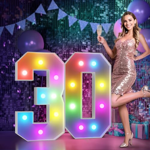Image of Imprsv Colorful 3FT Marquee Numbers Light up Numbers 30 Birthday Decoration | RGB with Remote, Party Decorations Anniversary Wedding Decorations Assembly Required Foam Board 41 Pcs Accessory Set