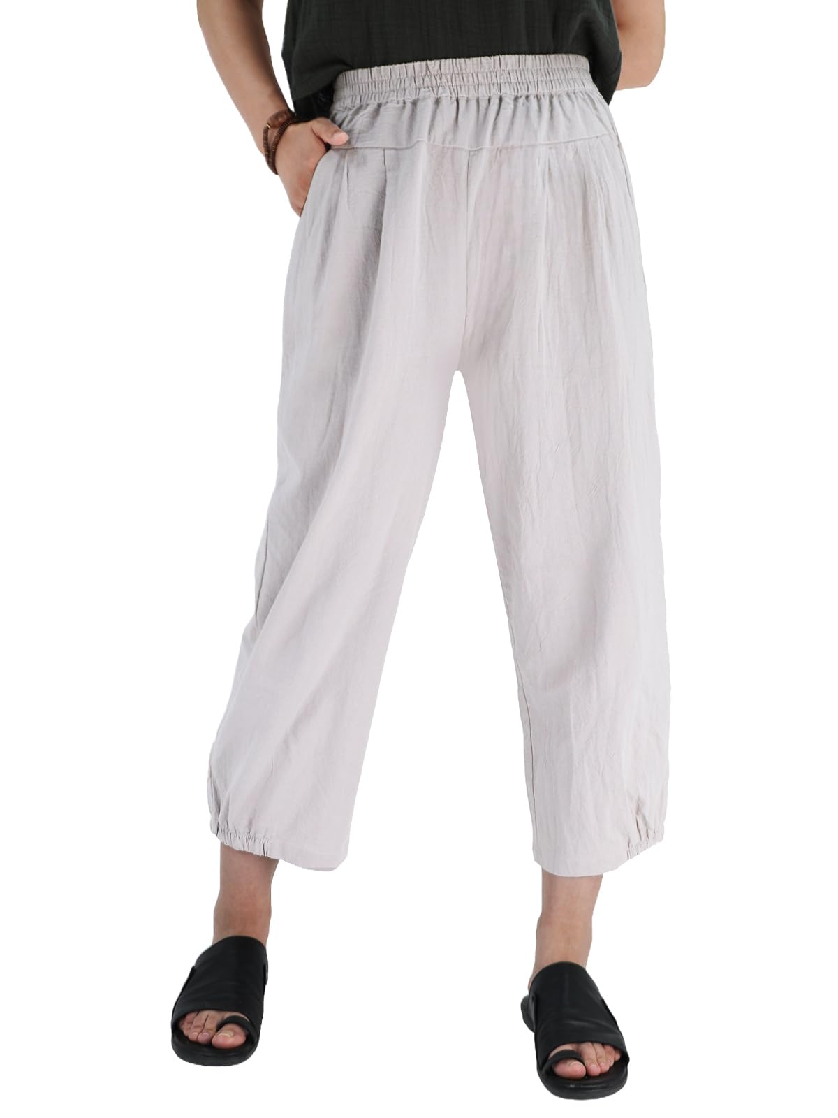 Les umes Womens Cropped Pants Cotton High Waist Wide Leg Capris Casual Loose Harem Pants Trousers with Pockets