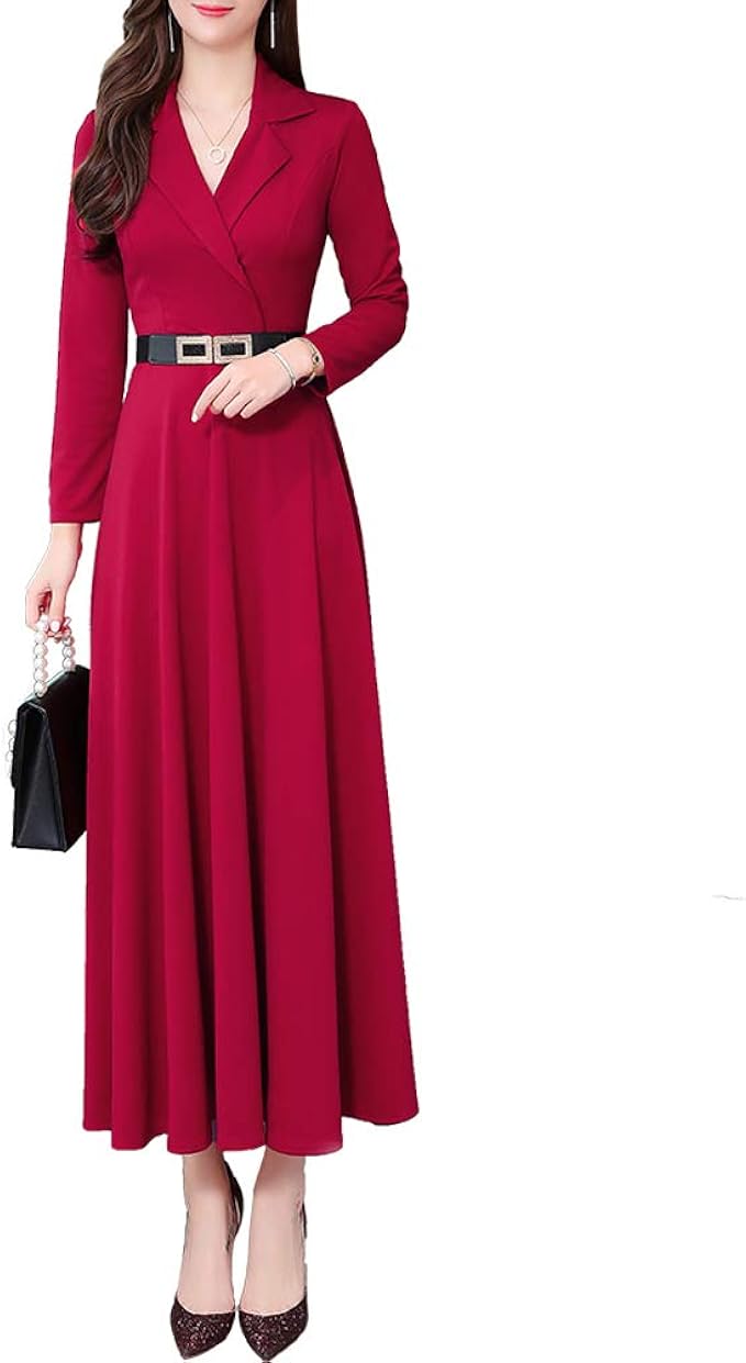 Amazon パーティードレス レディース 秋冬 長袖 Vネック ワンピース 綿 ロング丈 ワンピース 細身 無地 ロング ベルト付き きれいめ セクシー Aライン エレガント 大人 ファッション 結婚式 披露宴 二次会 イブニングドレス 通販