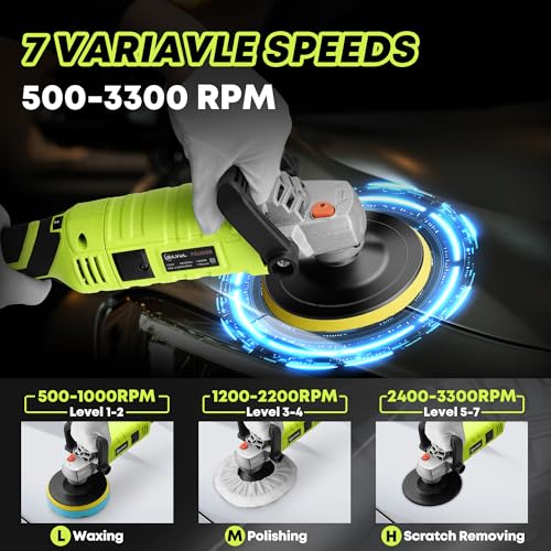 Image of SILVEL Buffer Polisher, 1600W 7 Inch /6 Inch Polisher for Car Detailing, Wax Machine, 7 Variable Speed, with 6 Foam Pads, 3 Wool Pads, Packaging Bag, for Boat Polishing and Waxing