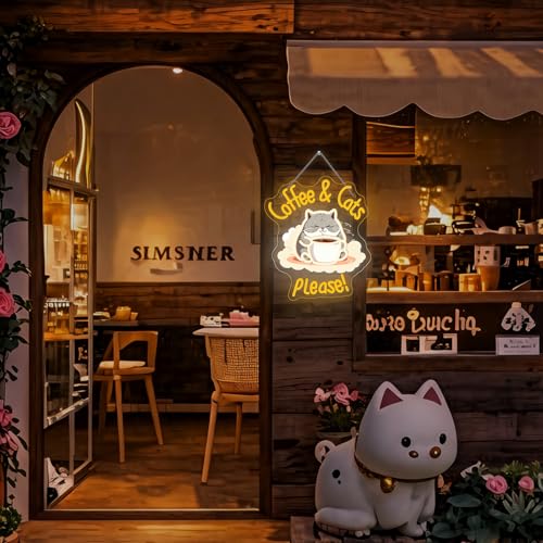 Image of Coffee Cat Please Neon Sign Dimmable LED Wall Light for Cafe Station Decor | 14.76IN*12.6IN,Five level brightness adjustment,USB powered,For Coffee Kitchen Corner Club Window Decor,Party Gifts