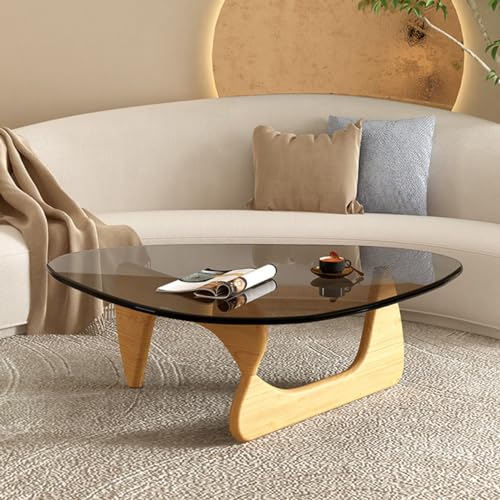 Moderna mesa de centro redonda de cristal con patas de madera para sala de estar, 91 x 65 x 40 cm