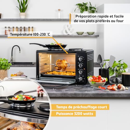 TZS First Austria - Mini-Four avec plaques de cuisson 30L 3200 W - Four à pizza jusqu'à 230°C et 6 modes de chauffage - Four multifonction avec 4 hauteurs d'insertion et accessoires de haute qualité – Image 4