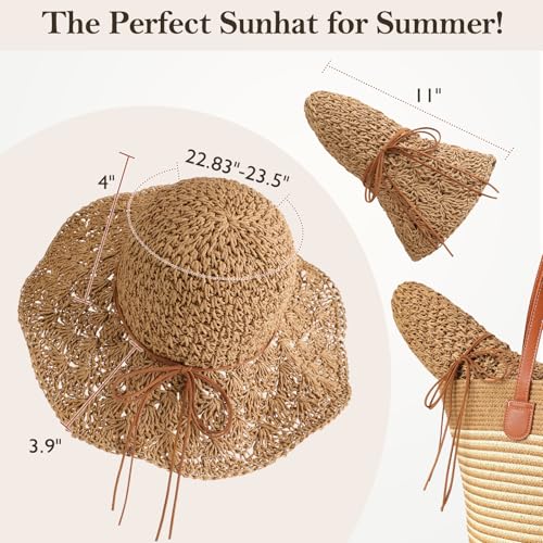 Image of Beach Sun Straw Hats for Women, Floppy Wide Brim Summer Straw Hats, Foldable Packable Roll up Cap
