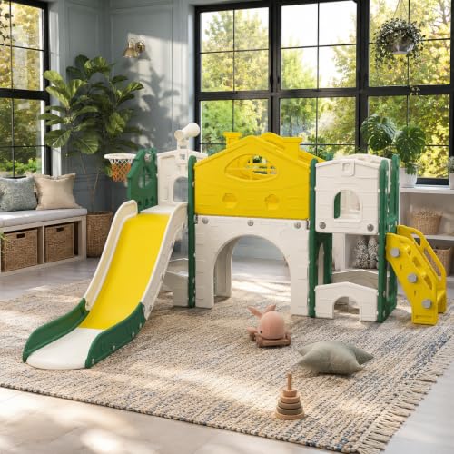 Tobogán infantil 7 en 1 con estructura de escalada, telescópico, túnel, espacio de almacenamiento, casa de juegos, juego de diapositivas de plástico para niños, para interior y exterior (amarillo +
