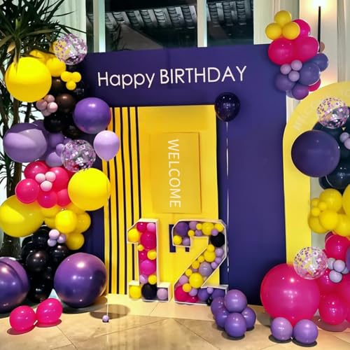 Image of MEBAY Hot Pink Purple Black Yellow Baloon Garland Arch Kit, 146Pcs Latex Balloons Different Sizes 18 12 10 5 inch for Birthday Wedding Graduation Engagement Party Decorations