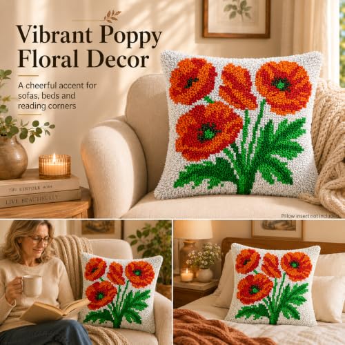 Image of veirousa Poppy Flowers Latch Hook Pillow Kits for Adults Beginners