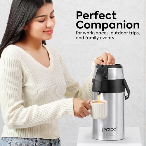 Image of Go24 pexpo Aquaport Stainless Steel Vacuum Insulated Beverage Dispenser with Pump - 3.5 LTR | Hot & Cold | Double Wall | Sturdy Handle to Carry | Coffee /Tea Carafe - Silver