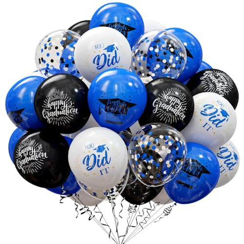75 Pack Graduation Party Decorations Balloons Set - 12 Inch Black Blue Confetti Graduation Balloons with Ribbons for Grad Party Decoration Supplies