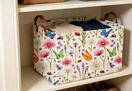 Image of Essme Rectangular Basket, Flower Storage Basket with Handles for Room Decor,(Flower cluster)