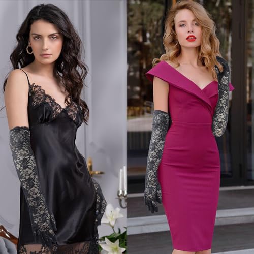 Floral Lace, 18 Inch Womens Long Black Lace Gloves Long Opera Wedding Bridal for Dance Party Costume Accessories3