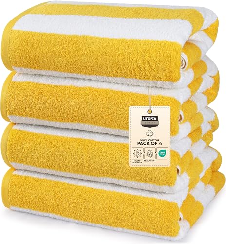 Utopia Towels Pack of 4 Cabana Beach Towels Oversized 30 x 60 Inches Cotton Beach Towel Set Smooth Ring Spun Texture for Pool and Swim Days Modern Striped Design Bath Towels Yellow