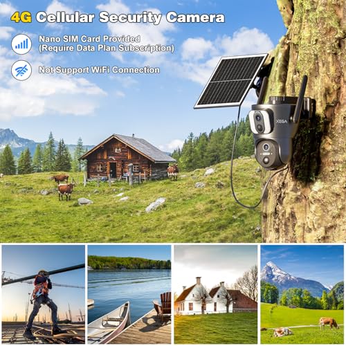 Xega 4G Cellular Security Camera【Dual Lens】 Outdoor with SIM Card, 14400mAh 2K HD Wireless Solar 4G LTE Camera, PTZ Motion Dtetection Spotlight Siren TF Cloud Storage,Only Support The Built-in SIM