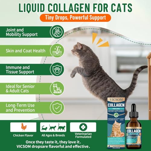 VICSOM Liquid Collagen for Cats, Cat Joint Supplement Drops, Joint & Coat | With Bovine Collagen, Biotin, Vitamin C & Hyaluronic Acid for Joint Mobility, Skin & Coat Support in Chicken-Flavored Drops. - Image 4