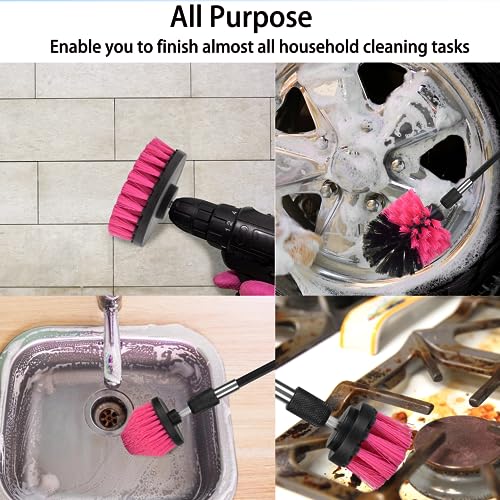 Image of 8 Pack Drill Brush Attachment Set, 1 /4in Power Scrubber Brush + Extend Long Rod, Multi-Purpose Power Cleaning Scrub Brush for Bathroom, Tub, Tile, Corner, Floor(Hot Pink)