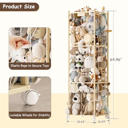 Image of Stuffed Animal Storage Zoo with Wheels,Montessori-Inspired Solid Pine Wood Plush Toy Organizer,Extra Tall Stuffed Animal Holder with Thick Elastic Cords for Nursery,Kids Room and Bedroom,Extra Large