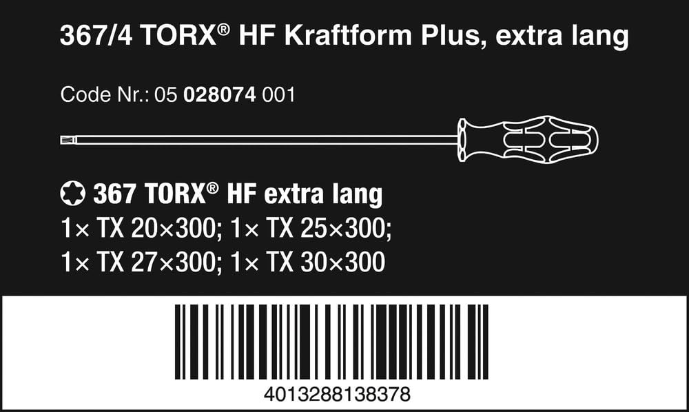 Wera 367/4 TORX HF extra lang 05028074001 Jeu de tournevis Kraftform Plus avec Fonction de retenue 4 pièces