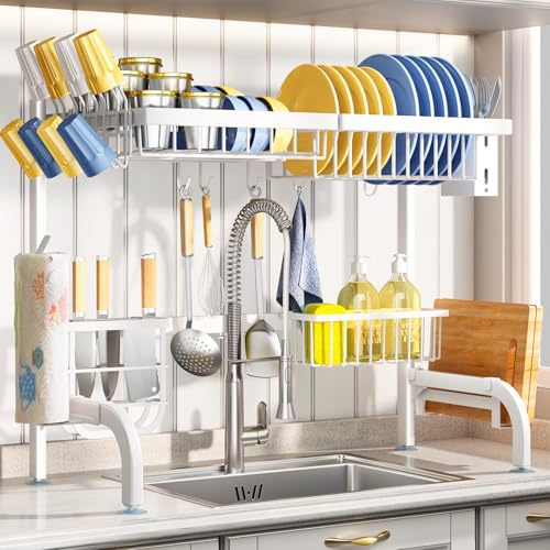 Image of Over The Sink Dish Drying Rack, Adjustable (25.5 to 33.5 Inch) 2 Tier for Kitchen Counter With Paper Towel and Cup Holder, Utensil and Chopping Board Holder, Sink Caddy Hooks, White