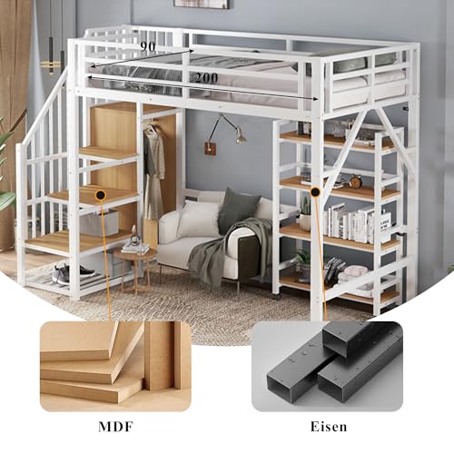 Merax Hochbett Metallbett 90x200cm, Platzsparend Etagenbett mit Offener Kleiderschrank, Vierstöckiges Regal mit Rollen, Stockbett mit Rausfallschutz, Sichere Treppe, Funktionsbett Jugendbett, Weiß – Bild 7
