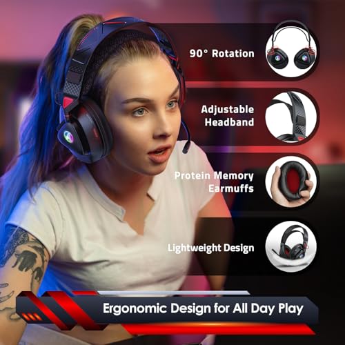Awinnasey PH3 Kabelloses Gaming Headset für PS5, PS4, PC,Bluetooth-Kopfhörer mit 50 Stunden Akku, Gaming-Headset mit Mikrofon mit Geräuschunterdrückung,RGB Licht, Dunkelrot 6