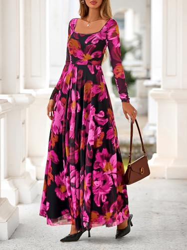 BTFBM Women Maxi Dress Fall 2025 Fashion Elegant Long Sleeve Square Neck Floral Print Party Club Wedding Guest Dresses
