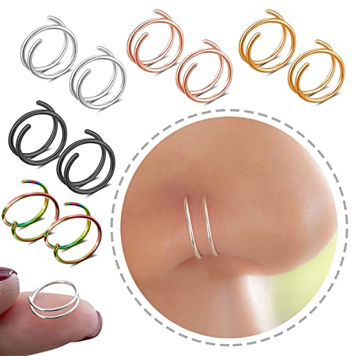 Qinday 1 Pair Spiral Nose Hoop, Double Nose Hoop Ring for Single Piercing Nose Hoop,Twist Nose Ring Hoop Nostril Piercing Jewelry Gift for Women Girls (White, One Size)