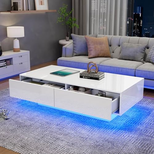 EURHCIO Table Basse Salon Blanche 55x115x34 cm,Coffee Table D'appoint,Meuble Bas Rangement avec 2 tiroirs,Éclairage LED et Capacité de Charge de 30 kg,pour...