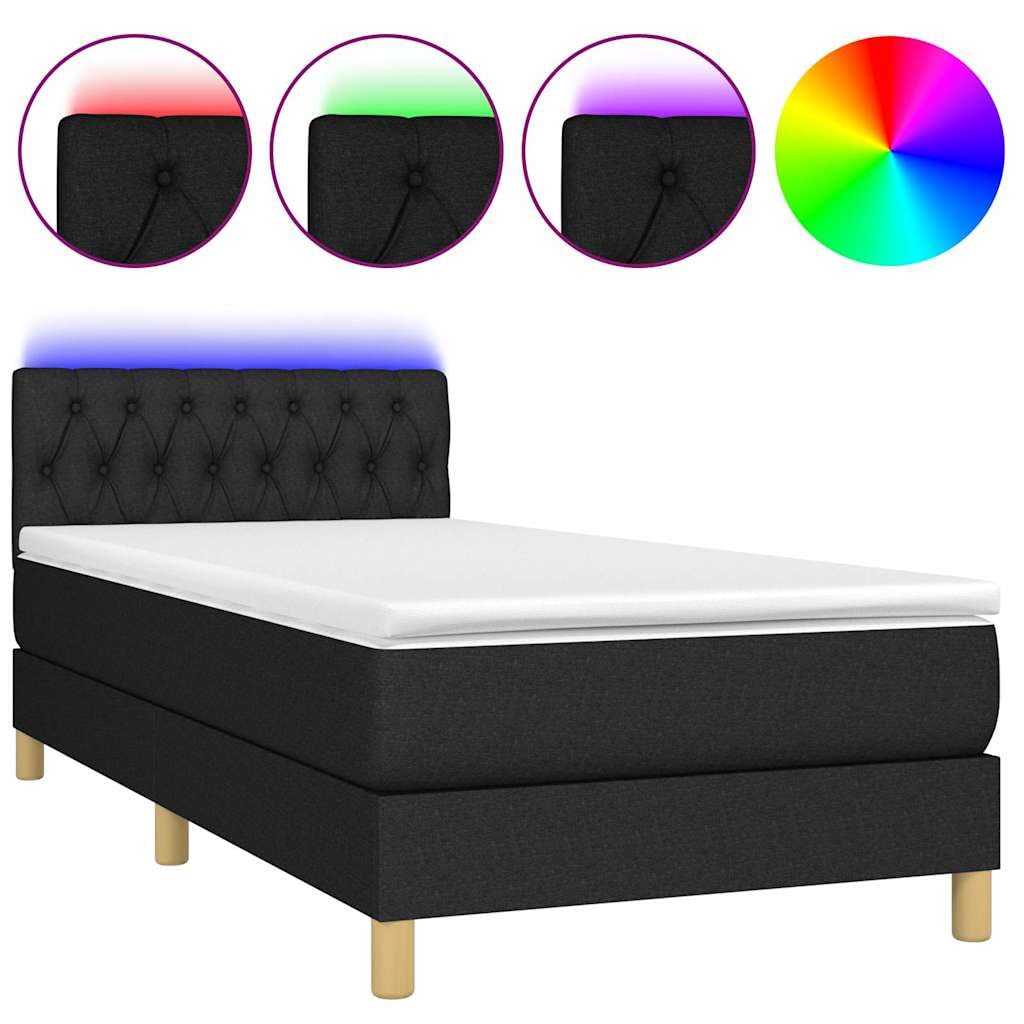 tkanina z regulowanym zagłówkiem LED 90x190 cm czarny | Łóżko kontynentalne z materacem i LED, czarne, 90x190 cm, tkanina, zagłówek regulowany
