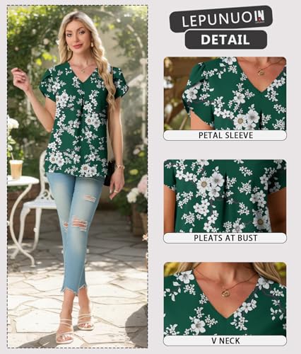 Lepunuo Plus Size Womens Summer Tops Short Sleeve Dressy Blouses V Neck Work Tunic Tops Casual Flowy Shirts Floral Green — view 3