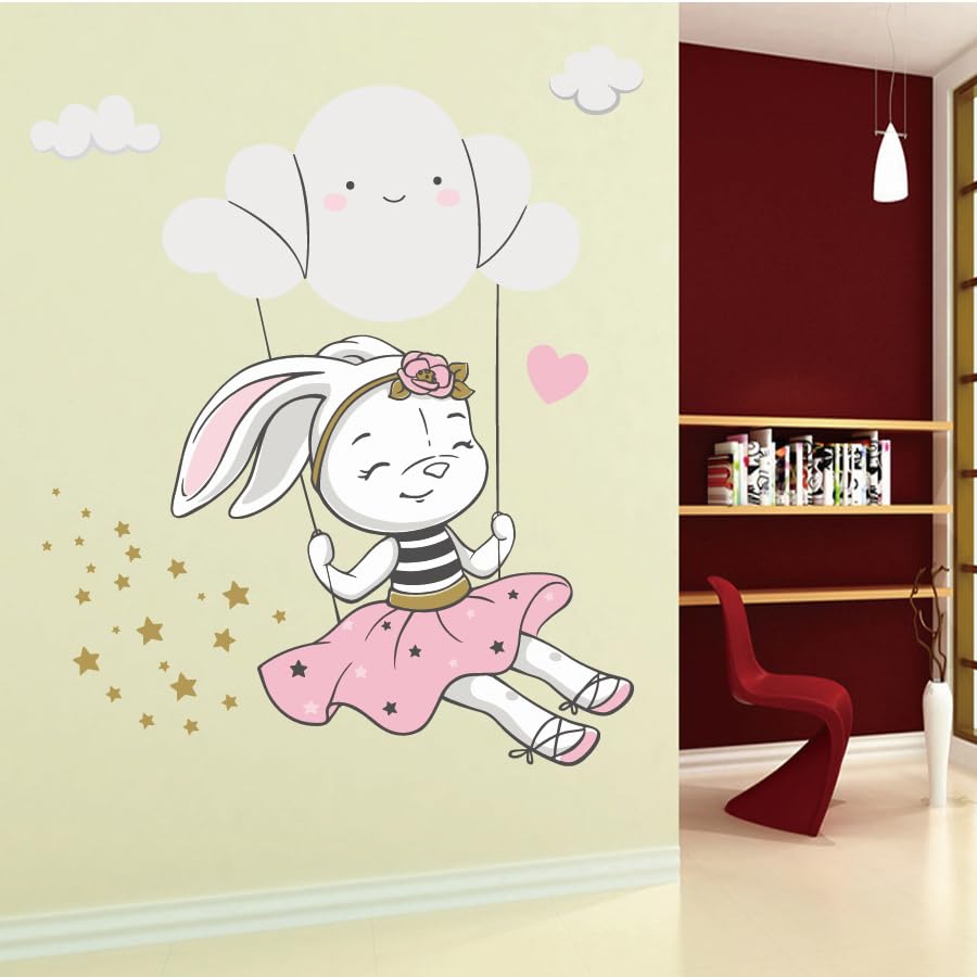 Image of Vinyl Cute Bunny Swing On Cloud Kids Peel and Stick Wall Stickers - Nursery, Baby Room, Bedroom, Living Room, Door, Study - Boho Wall Decoration, 60 x 1 cm, Stars Wall Decals for Baby Boy