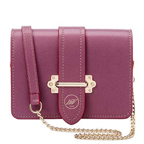 Ira del Valle, Elegante Bandolera y Bolso de Cintura Mujer y Niña, Pochette de Moda con Cadena, Pequeño Bolso de Mano, Clutch de Piel Auténtica, Modelo Roma, Made in Italy, Color Rosa Antigua)