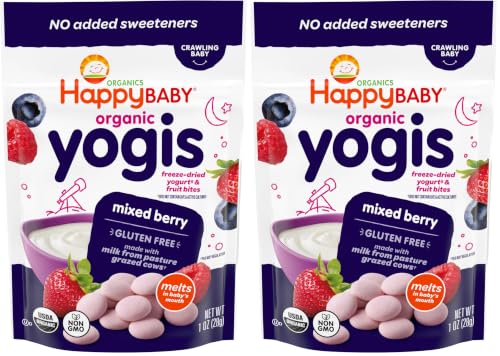 Image of Happy Baby Organics Yogis Freeze-Dried Yogurt & Fruit Snacks, Mixed Berry, 1 Ounce (Pack of 2)