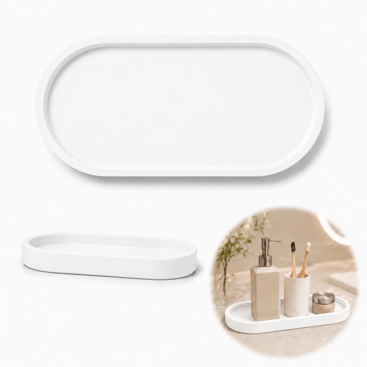 White Silicone Rectangular Tray - 30 x 12.5 cm Soft Non-Slip Organiser for Bathroom Vanity, Kitchen Countertop, Dressing Table, Soap, Cosmetics, Jewellery and Perfume Storage