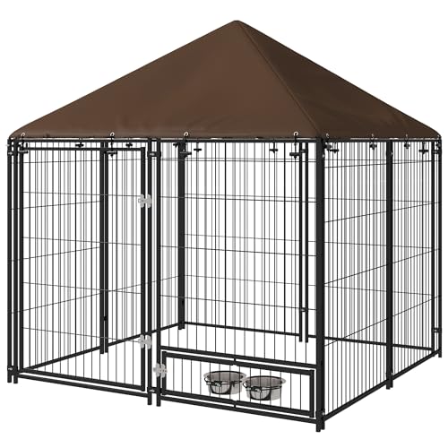 PawHut Perrera con Toldo Valla para Perros Metálica Exterior 2 Cuencos con Soporte Giratorio para Comida para Patio Jardín Terraza 141x141x151 cm Negro