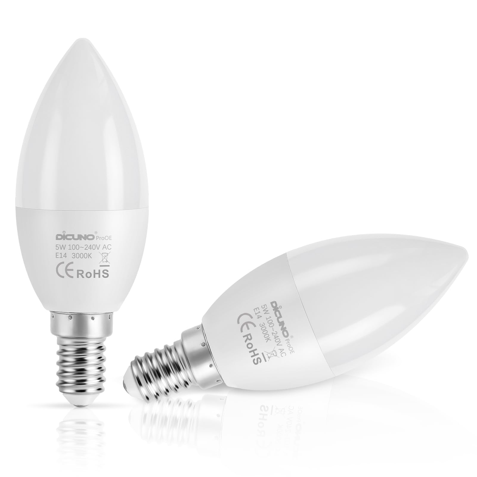 DiCUNO ProOE E14 Candle LED Bulb, SES Candle Small Edison Screw LED Bulbs 5W, 40W Equivalent, Warm White 2700K, CRI 98, 330LM, Non-Dimmable, 100-240V, 2 Pcs
