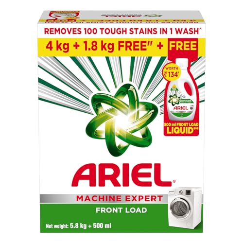 Ariel Matic Machine Expert Detergent Powder Front Load - 4Kg + 1.8kg + 500ml Liquid free | Removes 100 Tough Stains in 1 wash | Specially Designed for Washing Machines | Fresh Fragrance