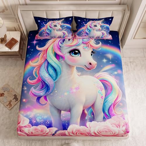 Image of 240 TC Cotton Double Bedsheet for King Bed (225x250 Cm) | 7D Digital Printed Double Bedsheet with 2 Pillow Covers | Soft, Wrinkle Packaging - Unicorn