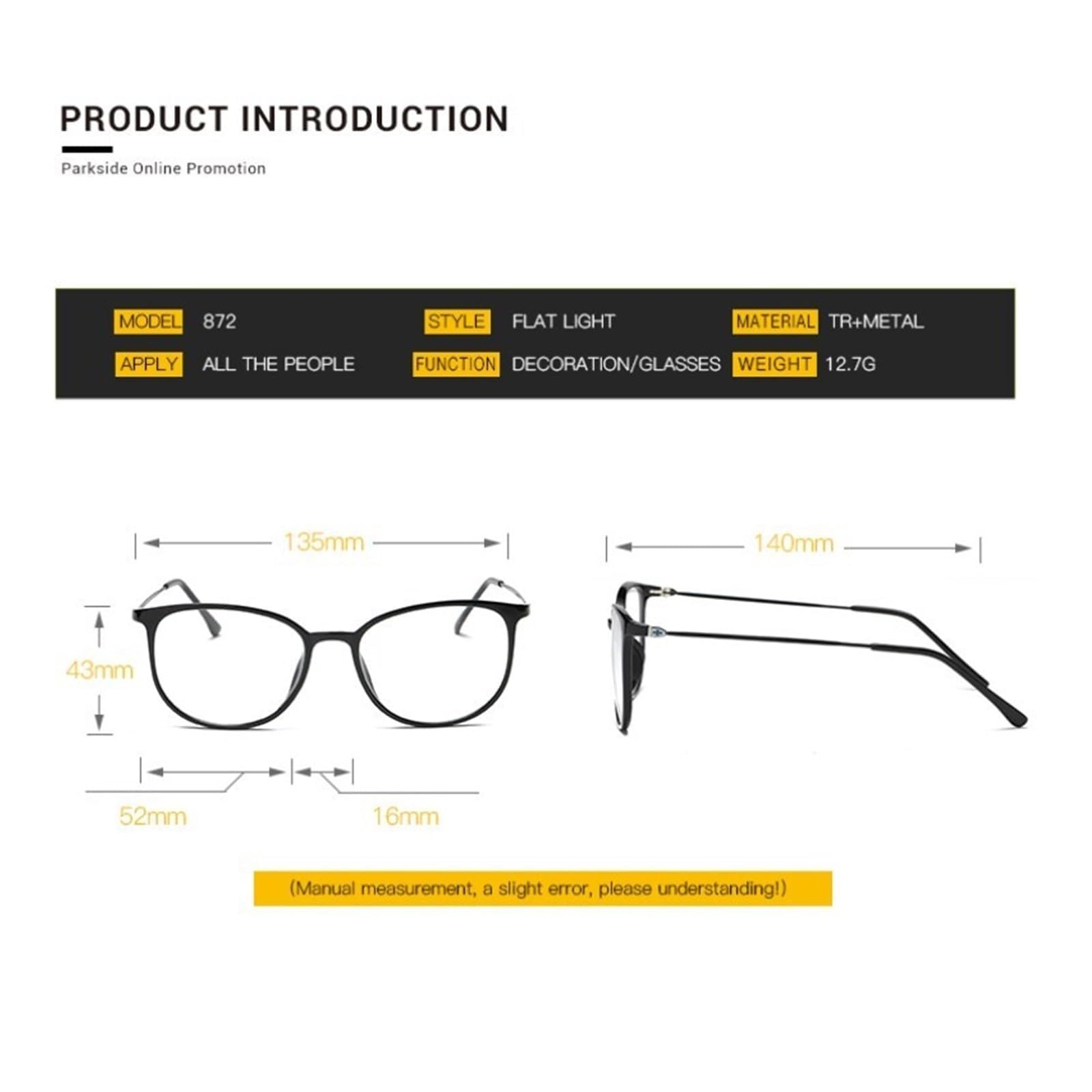 Kunststoffbrillen Unisex-Brillengestelle Transparente Brillen Solides Muster Lesebrillenzubehör Brillengestelle Ultraleicht(Bright Black)