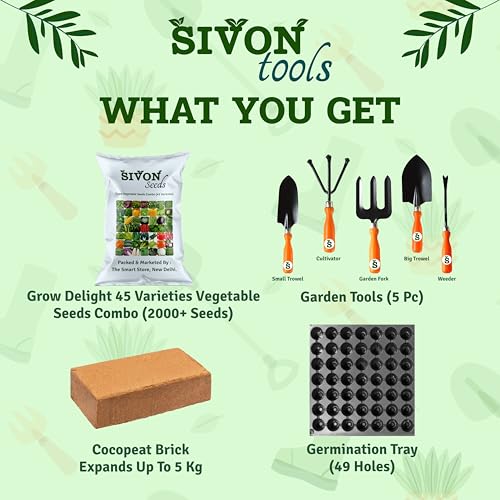 Image of SIVON Vegetable Seeds Combo For Your Home Garden 45 Varieties (2000 Seeds)+Garden Tools Set of 5 + Coco Peat Brick(Expands upto 5 Kg)&Germination Tray(49 Holes)