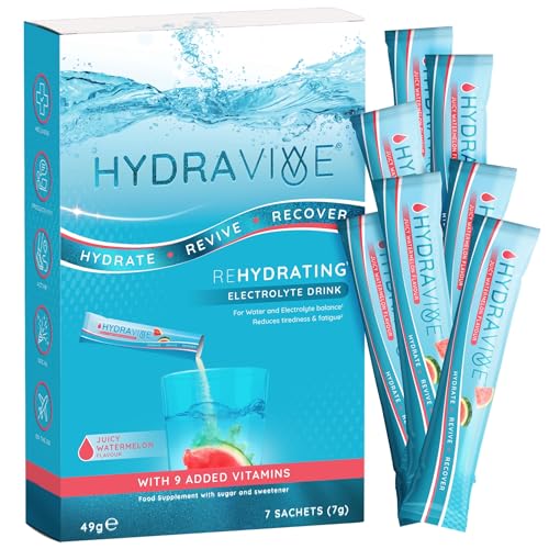 Hydravive Rehydration Electrolytes Powder - High Strength Vitamin C and All 8 B Vitamins: B1 B3 B5 B12 Supplement Sachet Drink - Effervescent Electrolyte Hydration Tablets - 7 Pack Watermelon