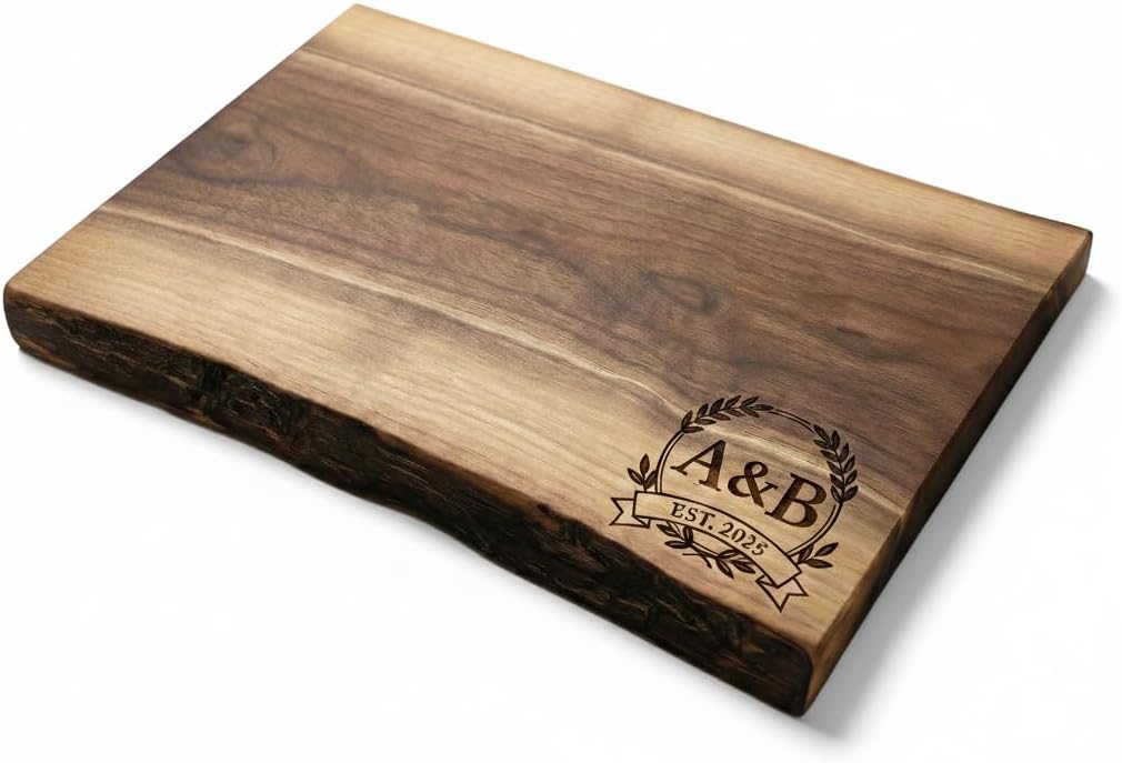 DYARI Live Edge Black Walnut Cutting Board – Custom Engraved | Personalized Charcuterie Board with Optional Handles (Black Walnut Wedding)