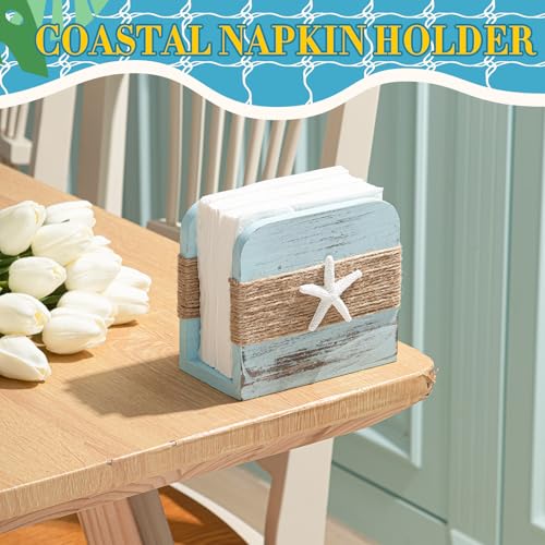 Image of Natural Wooden Napkin Holder, Beach Style, Blue