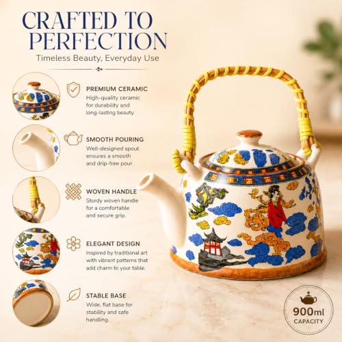 Image of Market99 Ceramic Chinese Print Tea Pot (900ml) | High-Fired Ceramic Loose-Leaf Tea Kettle | Elegant Green Tea & Herbal Tea Maker for Kitchen Decor | Stylish Premium Teapot for Tea Lovers & Gifting