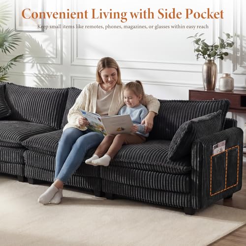 Image of Vesgantti 143 inch L Shaped Modular Sectional Couch, Comfy Corduroy Upholstered Cloud Couches for Living Room, Modern 3 Seater Sofa with Movable Ottoman & Throw Pillows, Charcoal Grey