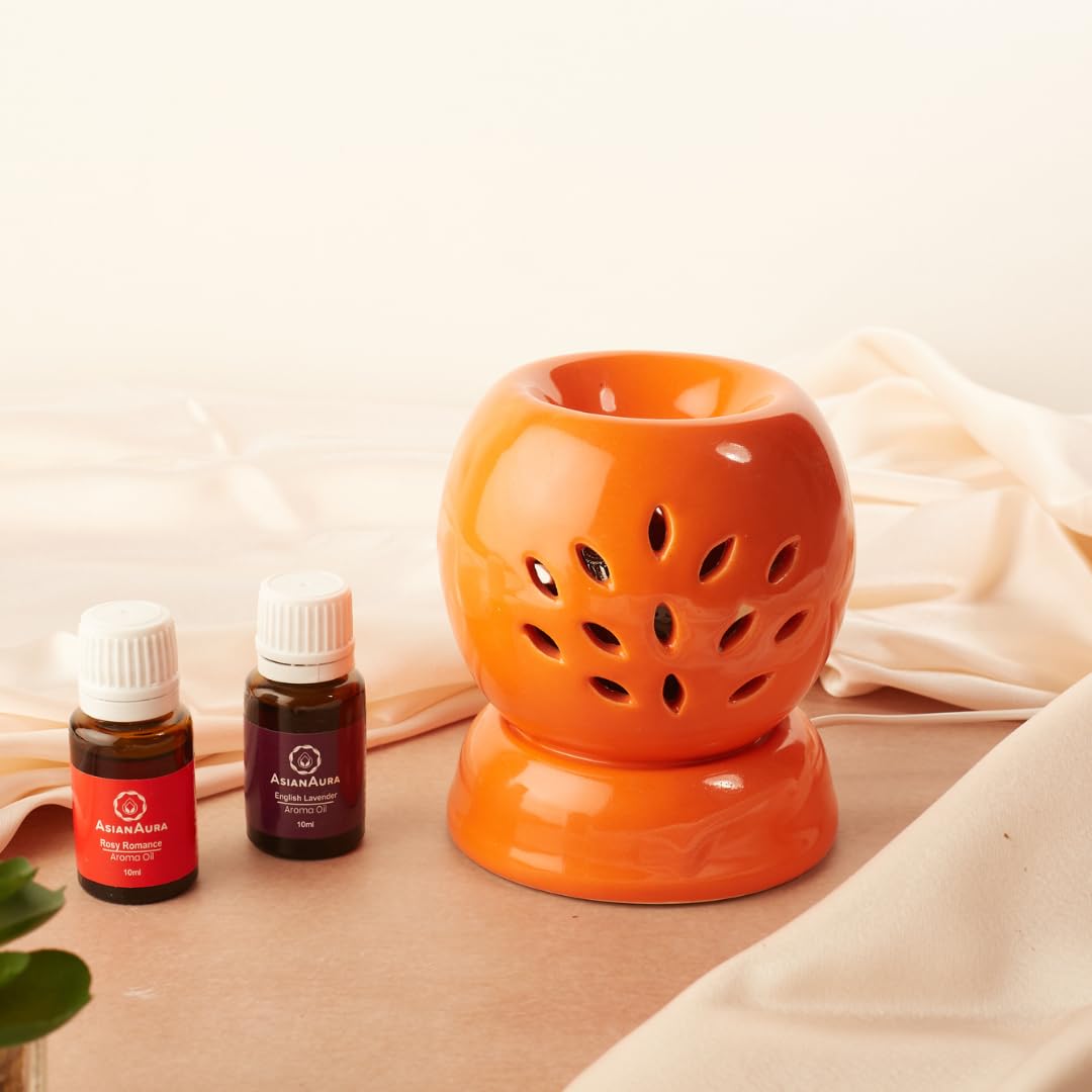 Ceramic Electric Round Shaped Aroma Diffuser| Aroma Oil Burner for Aromatherapy| Home Decor & Fragrance with Aroma Oils(English Lavender & Rosy Romance Fragrance 10ml Each) (Orange)