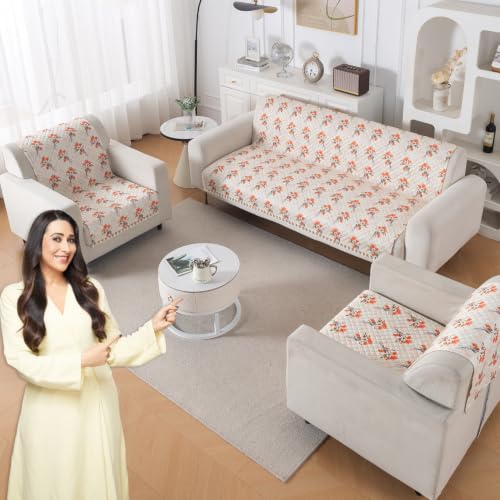 Image of HOKIPO Autumn Blossom Quilted Sofa Cover 5 Seater Set - Washable 3+1+1 Sofa Cover for Seat & Back with Tassel Design | 'Tassel Twigs' Series (IN-991-T5 + IN-989-T5)