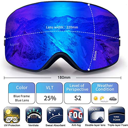 Aquior Ski Goggles Snow Goggles Sports OTG Snowboard Goggles, Large Premium Goggles with Anti Fog, Anti Glare, Dual Lens, UV 400 Protection, Windproof Outdoor