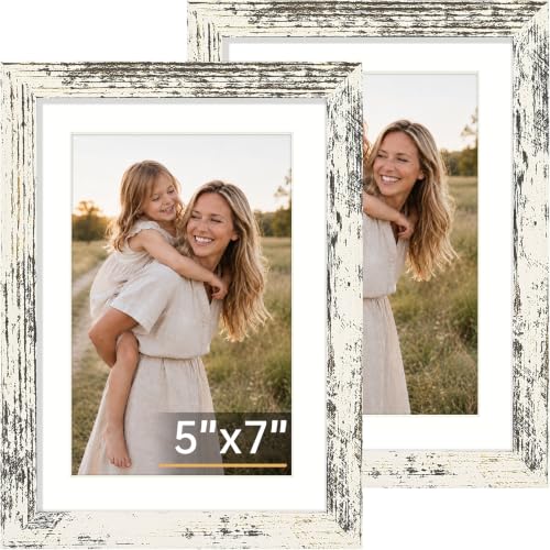 Vittanly 5x7 Picture Frame, Solid Wood Frame with Mat, 2 Pack