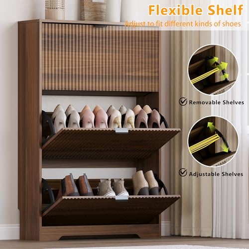 Image of BORNOON Entryway Shoe Cabinet with 3 Flip Drawers, Narrow Shoe Organizer Cabinet with Fluted Panel and Adjustable Shelves for Foyer, Hallway